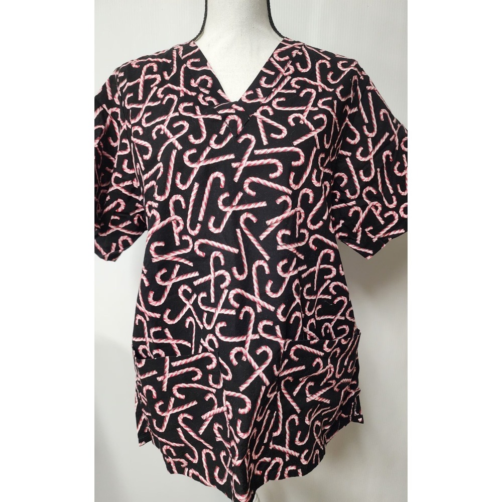 Tafford Women's Scrub‎ Top Black with Candy Canes V-neck  Medium